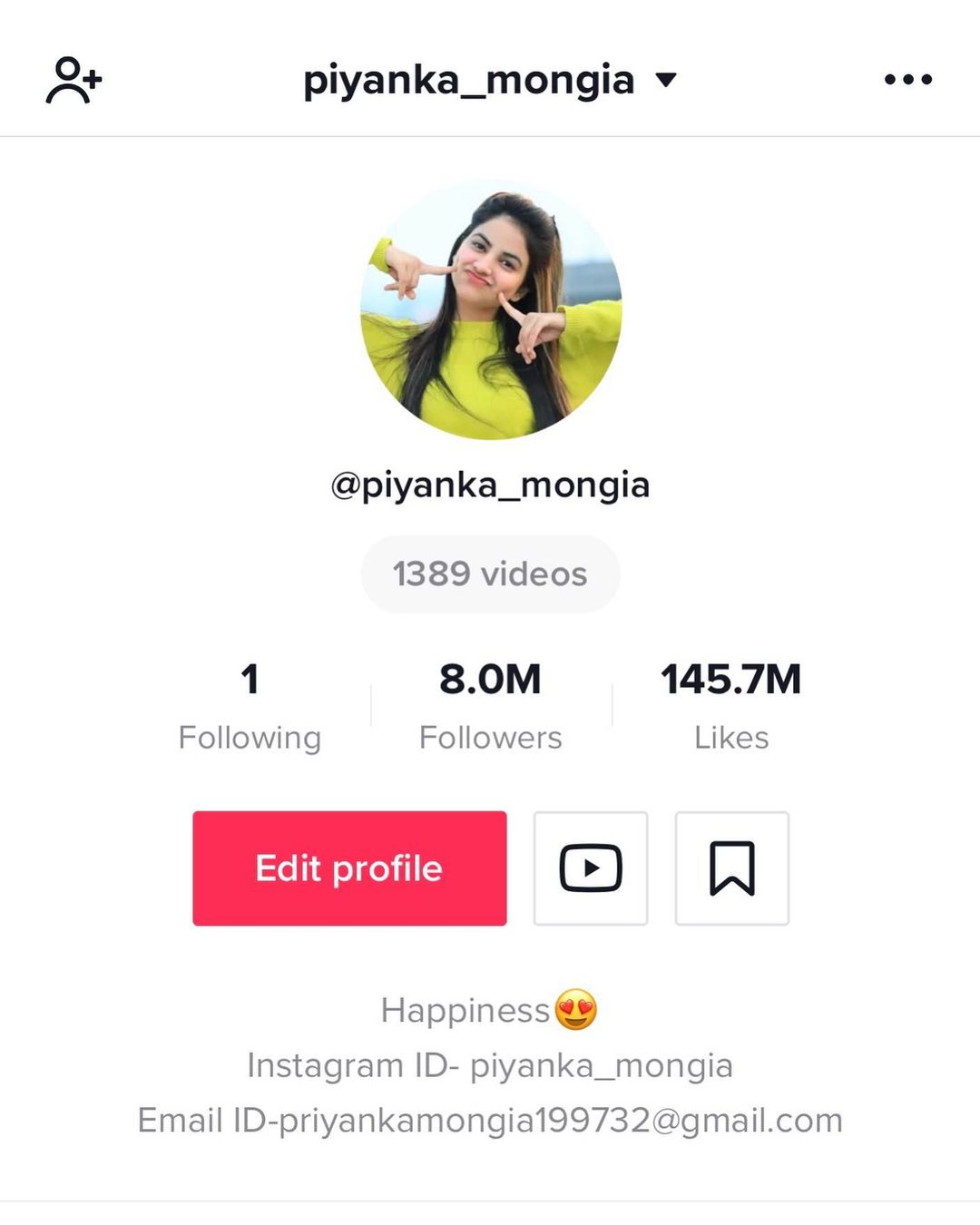 Priyanka Mongia TikTok ID 
